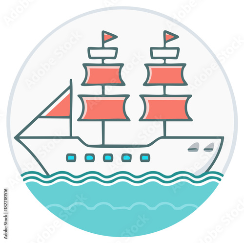 Sailing ship icon with red sails floating on the sea waves vector illustration