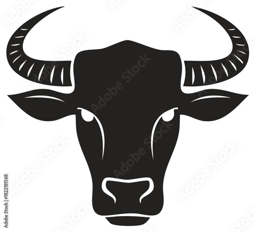 Stylized black silhouette of a powerful bull head with horns front view