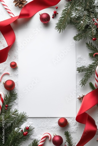 Festive Decorations With Red Ornaments and Candy Canes for Holiday Greeting C...