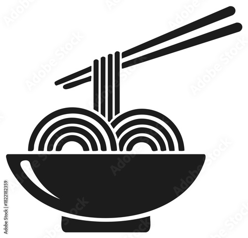 Minimalist black icon of oriental noodles in a serving bowl with chopsticks asian food concept