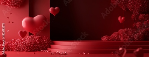 Heart-themed Decor With Red Colors in a Romantic Setting for Celebrations and...