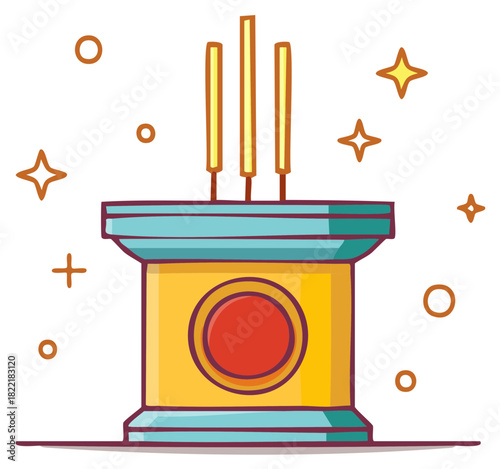 Cartoon Illustration of Incense Sticks in Censer with Stars and Circles Around