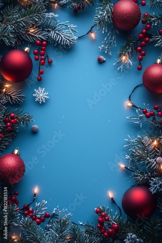 Festive Holiday Decorations With Red Ornaments and Greenery on a Blue Backgro...