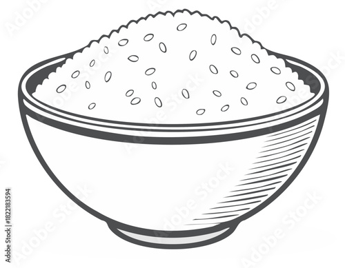 Aromatic Rice Bowl Illustration with Grains and Detailed Lines