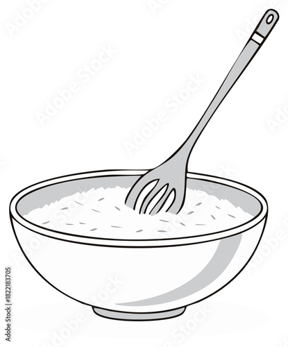 Bowl of rice with a fork stirring simple food illustration