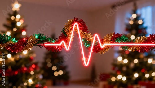 Glowing red neon heartbeat line on a festive Christmas background. EKG pulse intertwined with holiday tinsel and decorations. Health and vitality during the holiday season concept