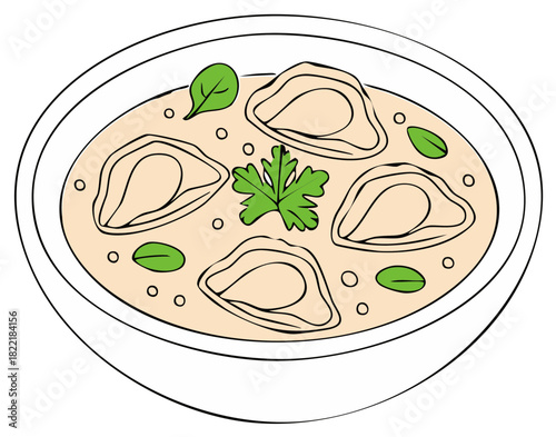 Hand drawn illustration of creamy oyster soup in a bowl with parsley garnish