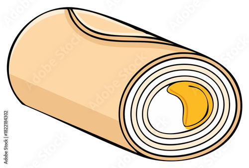 Vector cartoon style sweet crepe roll with delicious golden yellow creamy filling dessert or breakfast pastry