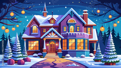 Very beautiful suburban house in the USA decorated for Christmas, surrounded by snow-covered ground, featuring twinkling lights, festive ornaments, and a cozy winter holiday atmosphere.