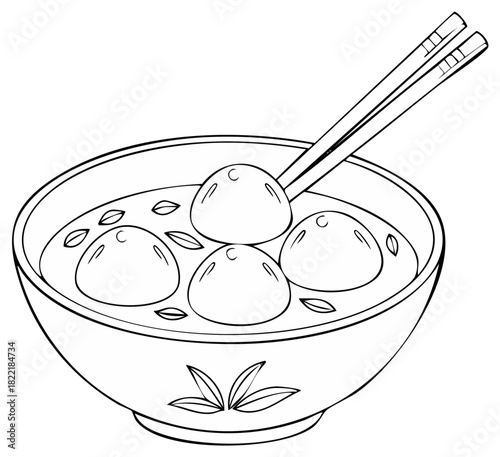 A bowl of sweet glutinous rice ball soup with chopsticks line art for a coloring book page