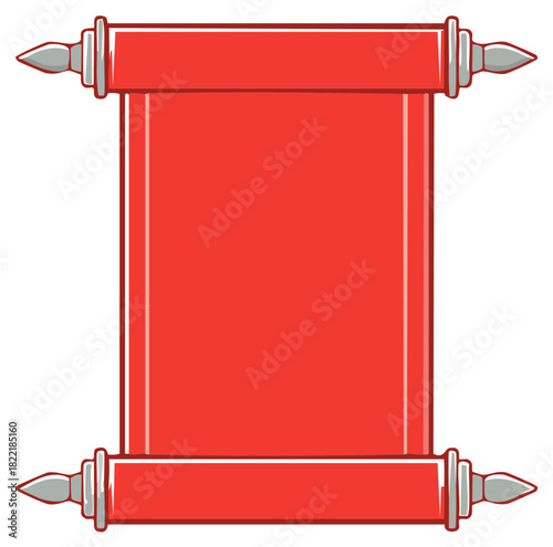 Red scroll illustration with metal end caps, ancient parchment, cartoon style, isolated.