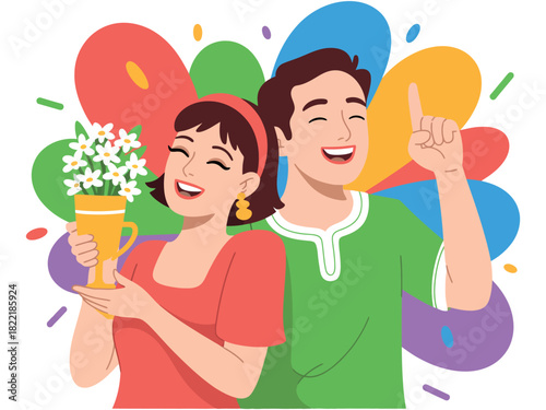 A joyful couple celebrates a shared moment of success and happiness with flowers.