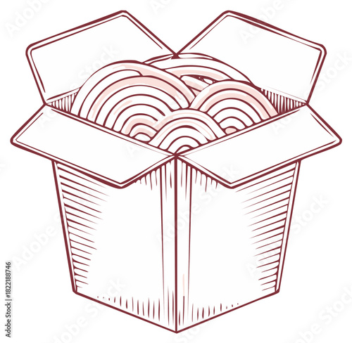 Hand-drawn illustration of Asian noodles overflowing from a take-out box, sketched graphic design style