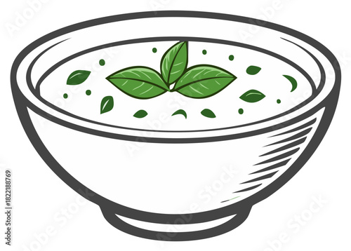 Bowl of Creamy Soup Topped with Fresh Basil Leaves in a Hand Drawn Style