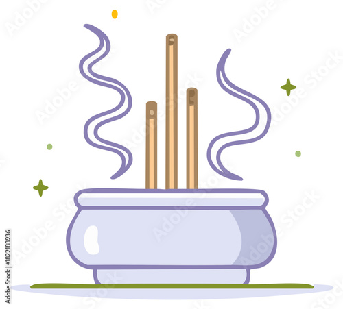 Cute cartoon illustration of burning aromatherapy incense sticks in a censer