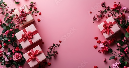 Colorful Flower Arrangement With Gifts on a Pink Background for a Special Occ...