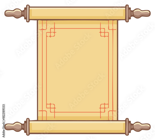 Ancient vertical scroll with blank parchment paper and traditional ornamental border illustration