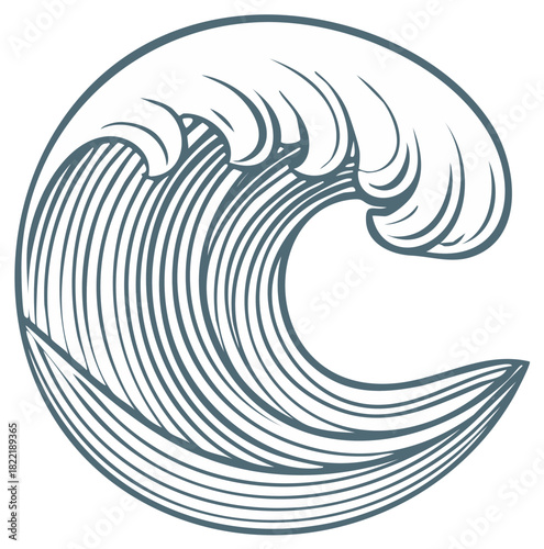 Stylized Sea Wave in Circular Design. Blue Ocean Wave Outline Illustration for Logos and Prints