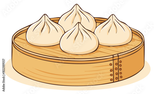 Steaming Xiao Long Bao dumplings in Bamboo Steamer, cartoon vector