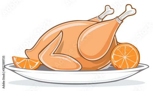 Roasted Turkey on a Platter with Oranges Traditional Thanksgiving Feast Illustration