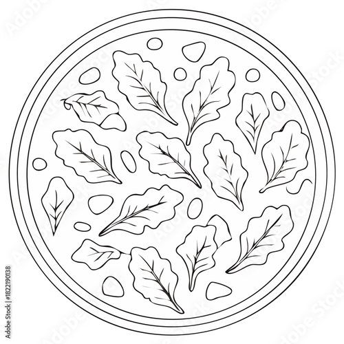 Line art illustration of pizza with arugula and cheese toppings ready to be colored