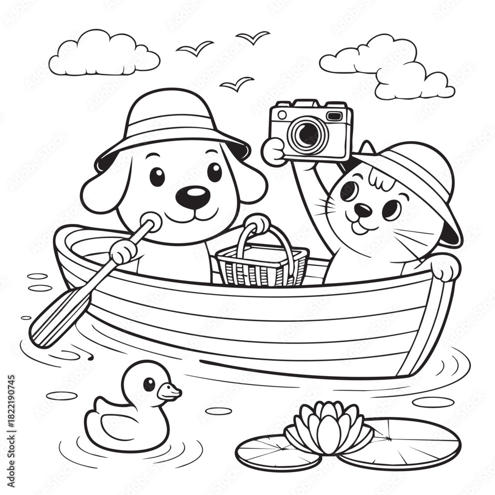 Obraz premium Cartoon dog and cat in a boat with a duck and water lily Keywords: dog, cat, boat, canoe, paddle, water, river, lake, duck, duckling, water lily, flower, nature, animals, pets, friends, cartoon