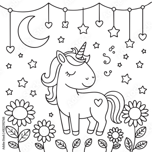 Cute unicorn with closed eyes surrounded by flowers stars and moon horse mythical creature
