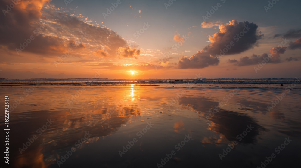 Fototapeta premium Peaceful Sunset Beach Scene With Dramatic Orange Clouds Reflecting In Wet Sand Creating Perfect Mirror Effect