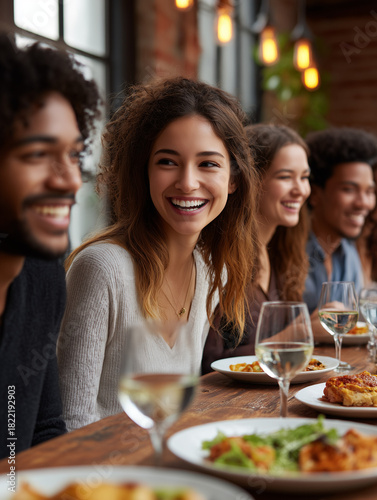 Happy friends enjoying dinner and laughing together in restaurant