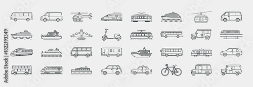 Public Transport Line Icons Set. Including Bus, Train, Taxi, Ferry, Aircraft, Urban Mobility Set, City Transit, Railway, Aviation & Water Transport Symbols, thin linear illustration.