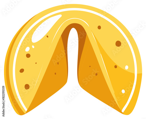 Opened fortune cookie illustration presenting a prediction with crispy golden texture, isolated on white