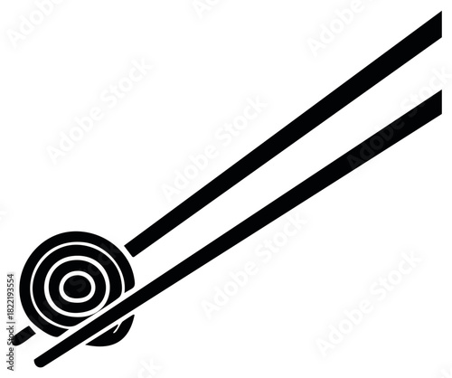 Minimalist vector illustration of chopsticks gripping a delicious sushi maki roll
