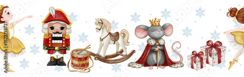 Cuadro en lienzo Seamless border featuring the Nutcracker, a ballerina, a rocking horse, the Mouse King, a drum, and gifts against a backdrop of snowflakes