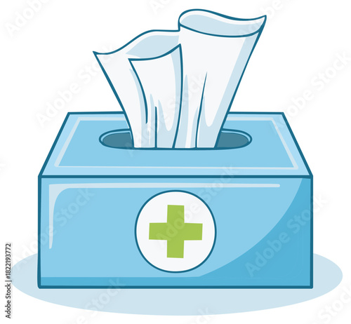 Cartoon illustration of a blue tissue box with a green cross symbol