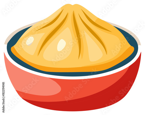Traditional Chinese steamed dumpling in a red bowl flat illustration