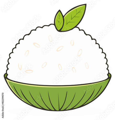 Cartoon illustration of a simple green bowl of cooked white rice with a leaf garnish