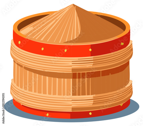 Traditional woven wooden container for holding cooked rice; cylindrical bucket with conical lid, vibrant vector illustration