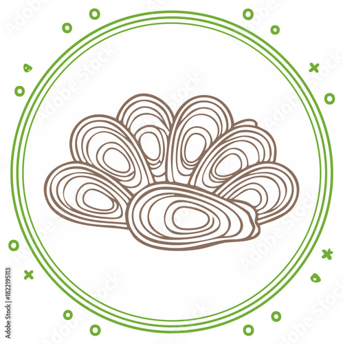 Stylized cluster of oysters in brown outline with decorative green circle and dots for food or nature themes
