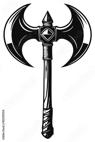Fantasy battle axe with double sharp blades and a spike on top engraved emblem