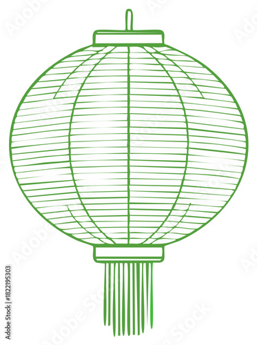 Hand drawn green outline of an Asian inspired paper lantern with tassels