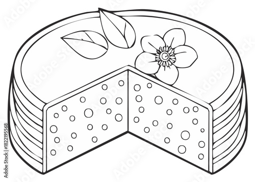 Hand drawn round cake with a missing slice and flower decoration coloring page illustration