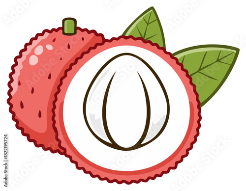 Vibrant cartoon lychee fruits whole and sliced showing juicy white flesh and green leaves