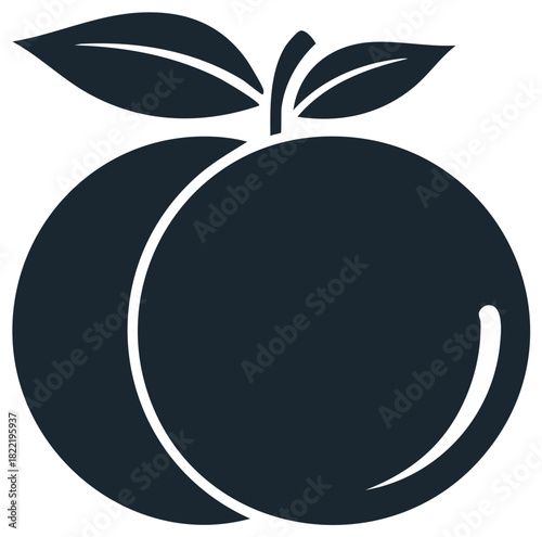 Simple peach fruit silhouette vector icon with leaves, flat design symbol.