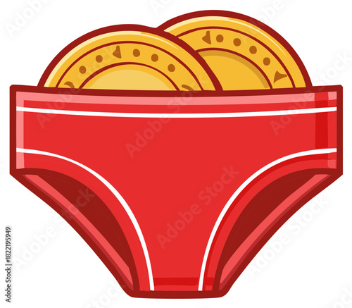 Cartoon underwear filled with gold coins illustration showing humor and financial concept.