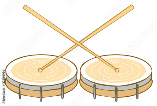 Two cartoon drums with crossed drumsticks musical instrument vector illustration
