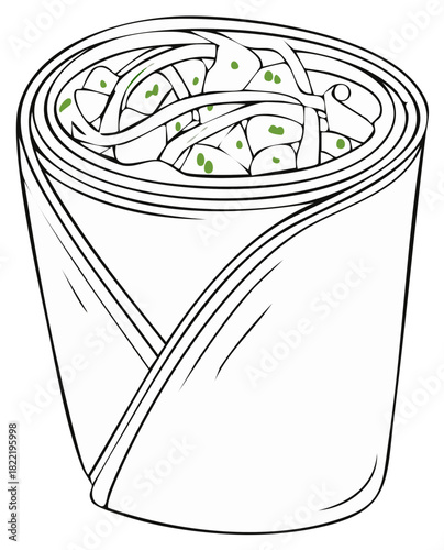Sketch of a Burrito Wrap with Filling and Topping, Illustration of a Mexican Fast Food