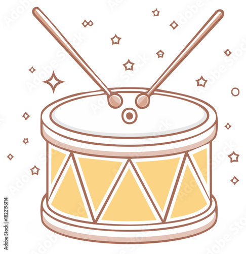 Cartoon drum with drumsticks and stars, music illustration
