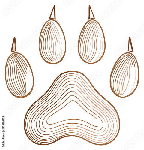 Stylized brown paw print illustration with detailed lines and claw marks on white background.