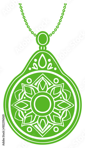 Green pendant necklace featuring stylized floral design with delicate chain vector graphic