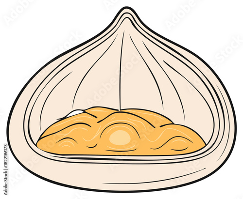 Cartoon illustration of a dumpling with filling, in a minimalist style, white background.